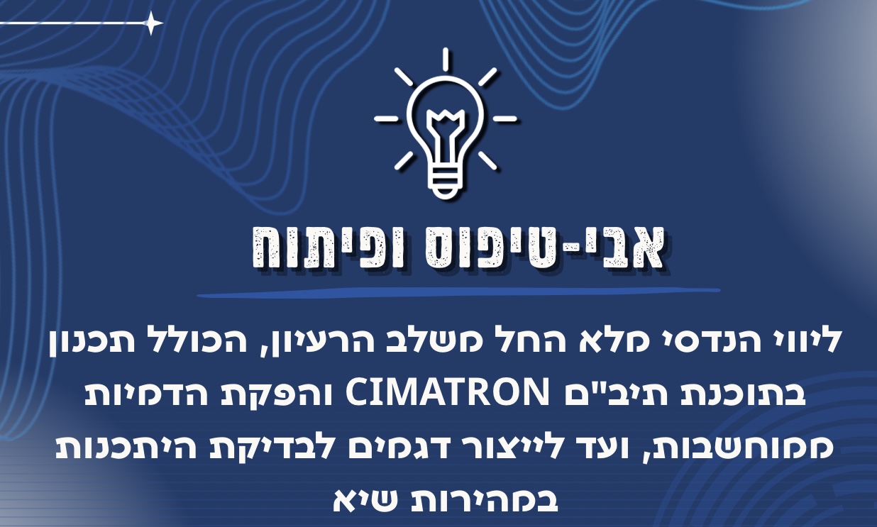 אבי-טיפוס ופיתוח. ליווי הנדסי מלא החל משלב הרעיון, הכולל תכנון בתוכנת תיב"ם Cimatron והפקת הדמיות ממוחשבות, ועד לייצור דגמים לבדיקת היתכנות במהירות שיא